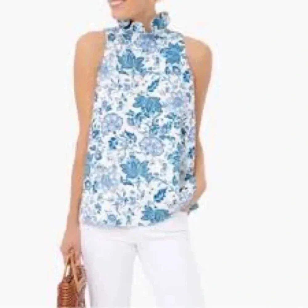Tuckernuck Mason Blue Floral Chintz High Ruffle Neck Blouse with Tie Back - Picture 2 of 9